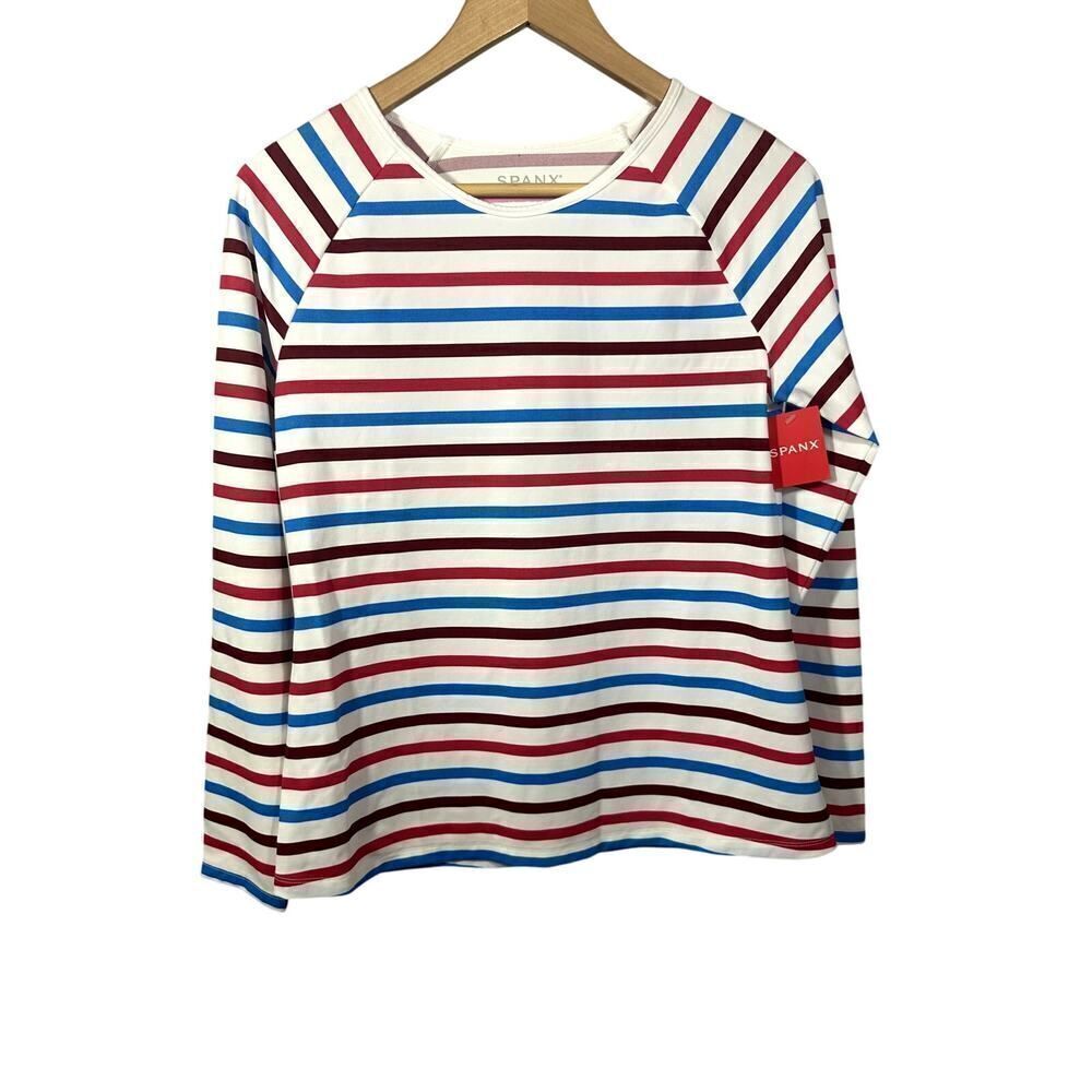 SPANX Women's Ocean Stripe Hibiscus Long Sleeve Swim Shirt White Medium - NWT